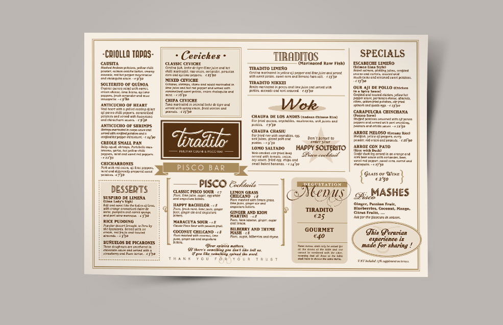 Diseño y Artes Finales Carta de Restaurante Peruano - TIRADITO (Madrid)