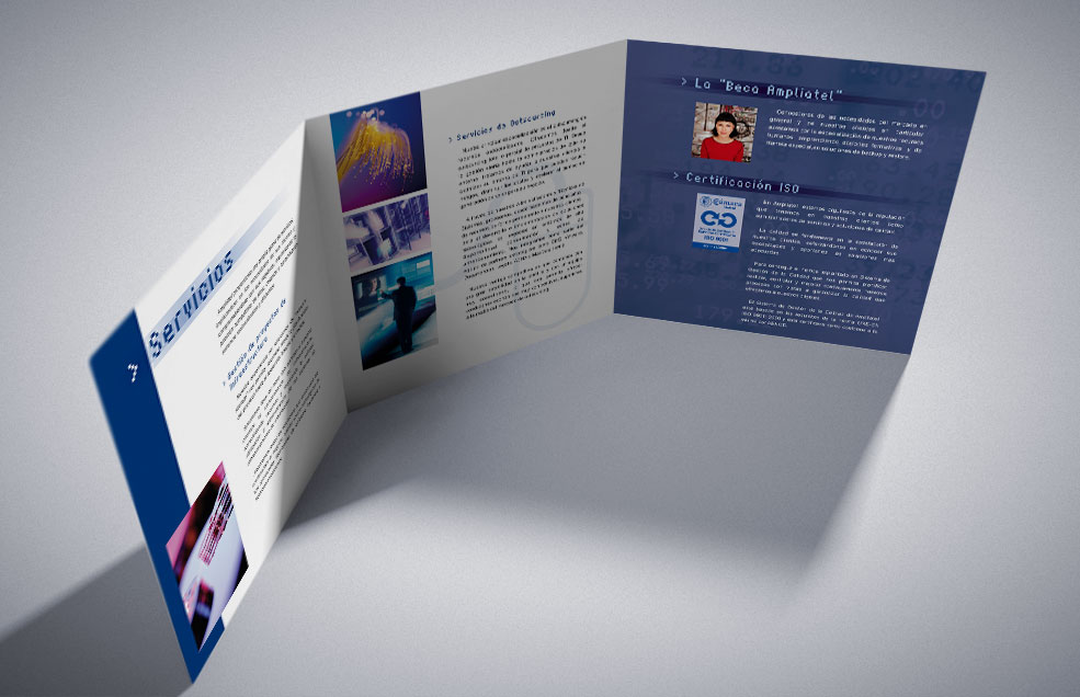 Diseño y Artes Finales Tríptico cuadrado para AMPLIATEL - Consultoría y Gestión de Servicios Informáticos