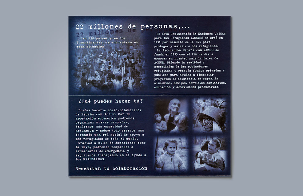 Diseño y Artes Finales Folleto desplegable para ACNUR ESPAÑA - ¿Me acompañarías en este viaje? - Navidad 1999