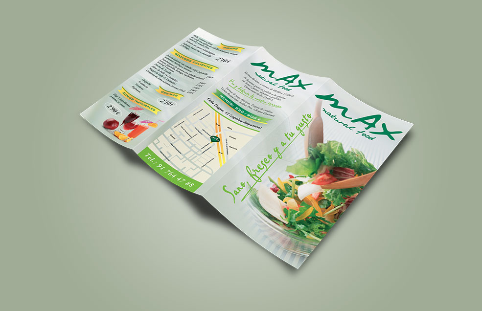Diseño y Artes Finales Tríptico Din DL para MAX Natural food - Comida para llevar