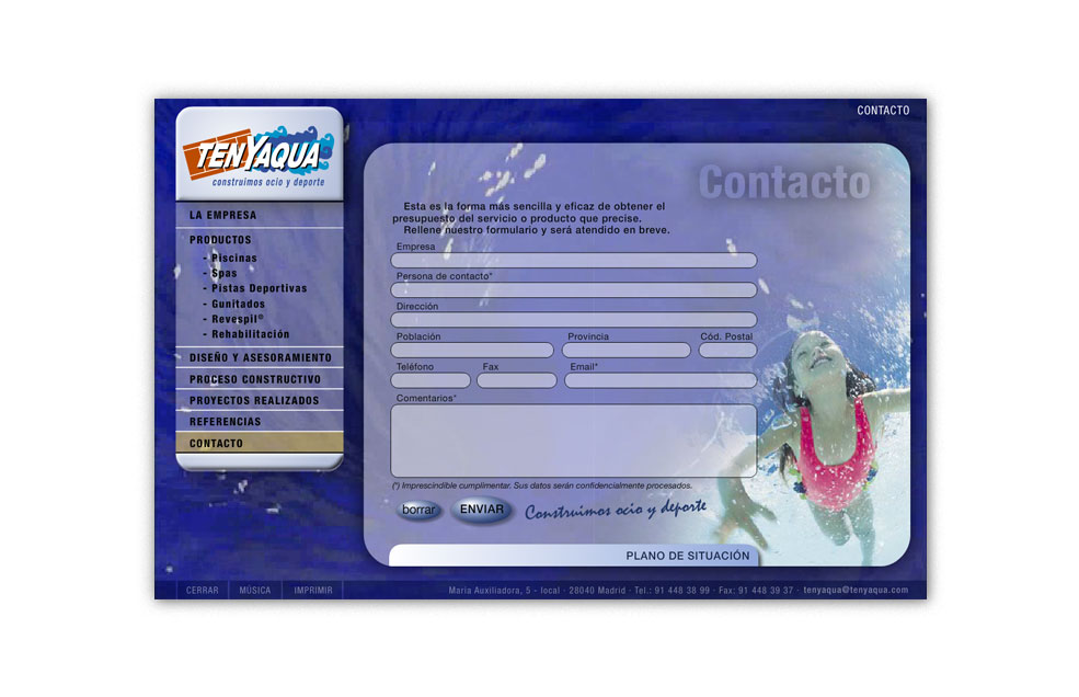 Diseño Sitio Web TENYAQUA Construcción y equipamiento de instalaciones deportivas y de ocio